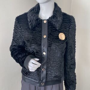 STAUD Buddha Black Faux Fur Jacket Vegan Leather Trim & an Oversized Gold Button
